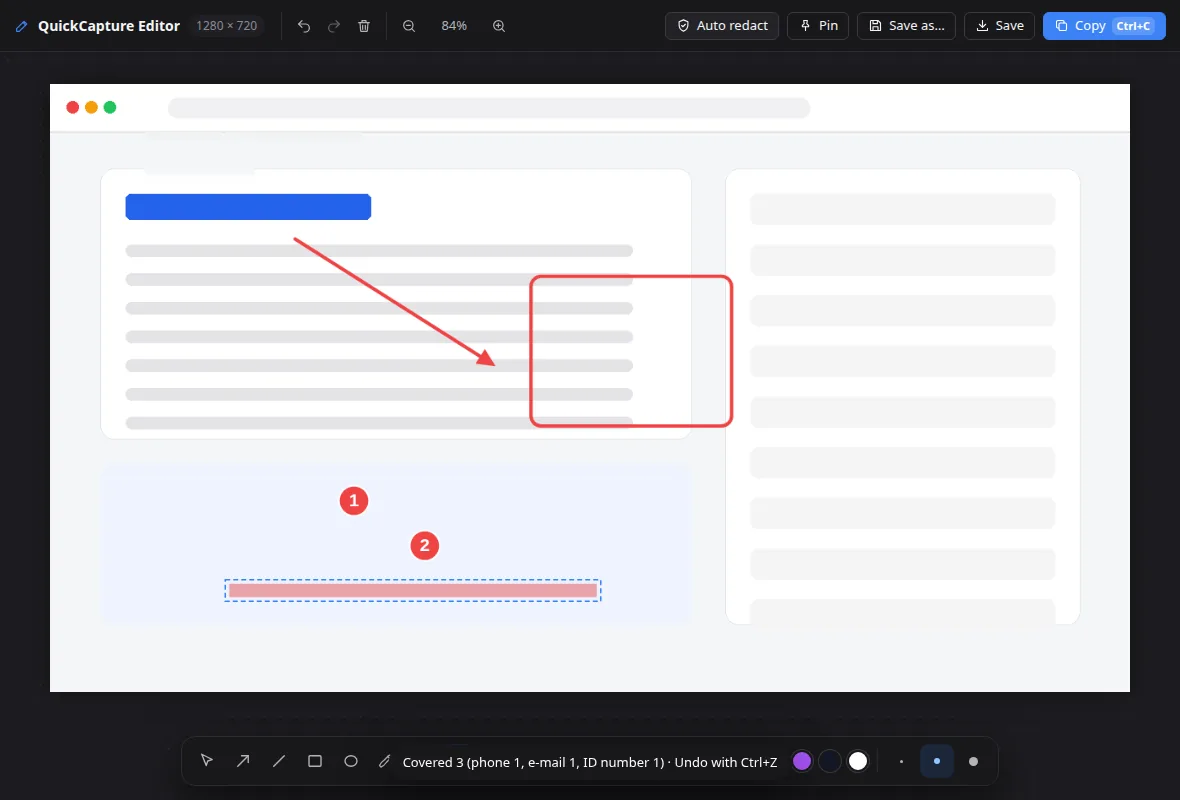 Editor with arrows, numbered steps, a mosaic over personal data and a text label