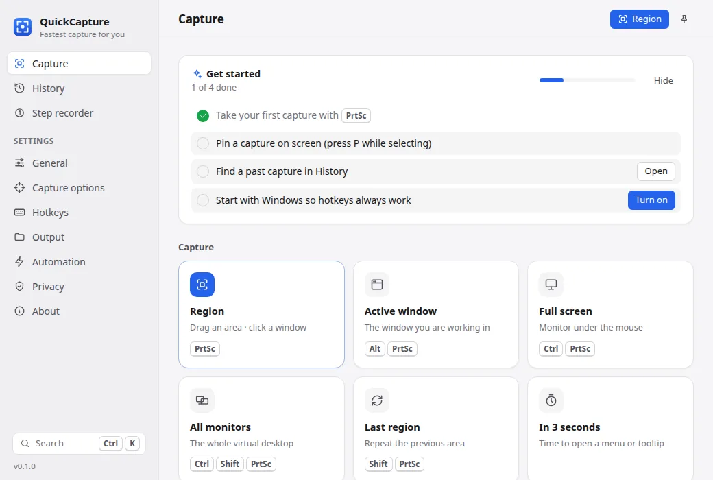 QuickCapture home screen with capture modes and recent captures