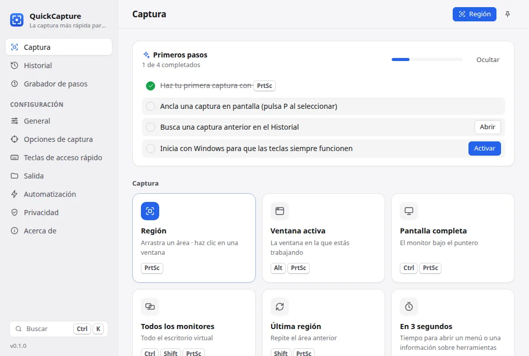 Pantalla de inicio de QuickCapture con los modos de captura y las capturas recientes