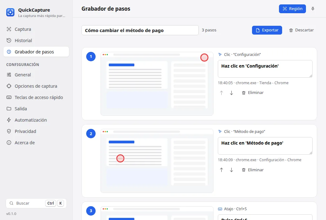 Grabador de pasos con capturas numeradas y descripciones automáticas