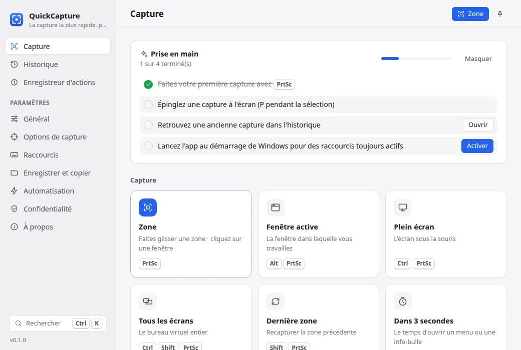 Écran d'accueil de QuickCapture avec les modes de capture et les captures récentes