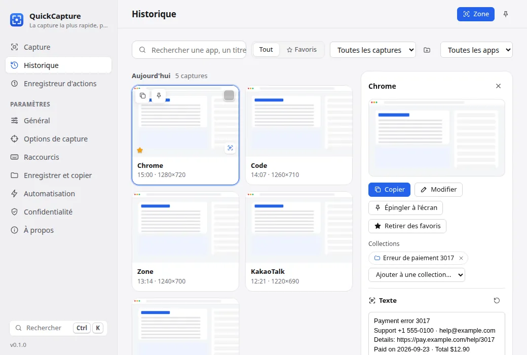 Historique des captures avec recherche, texte reconnu et actions rapides