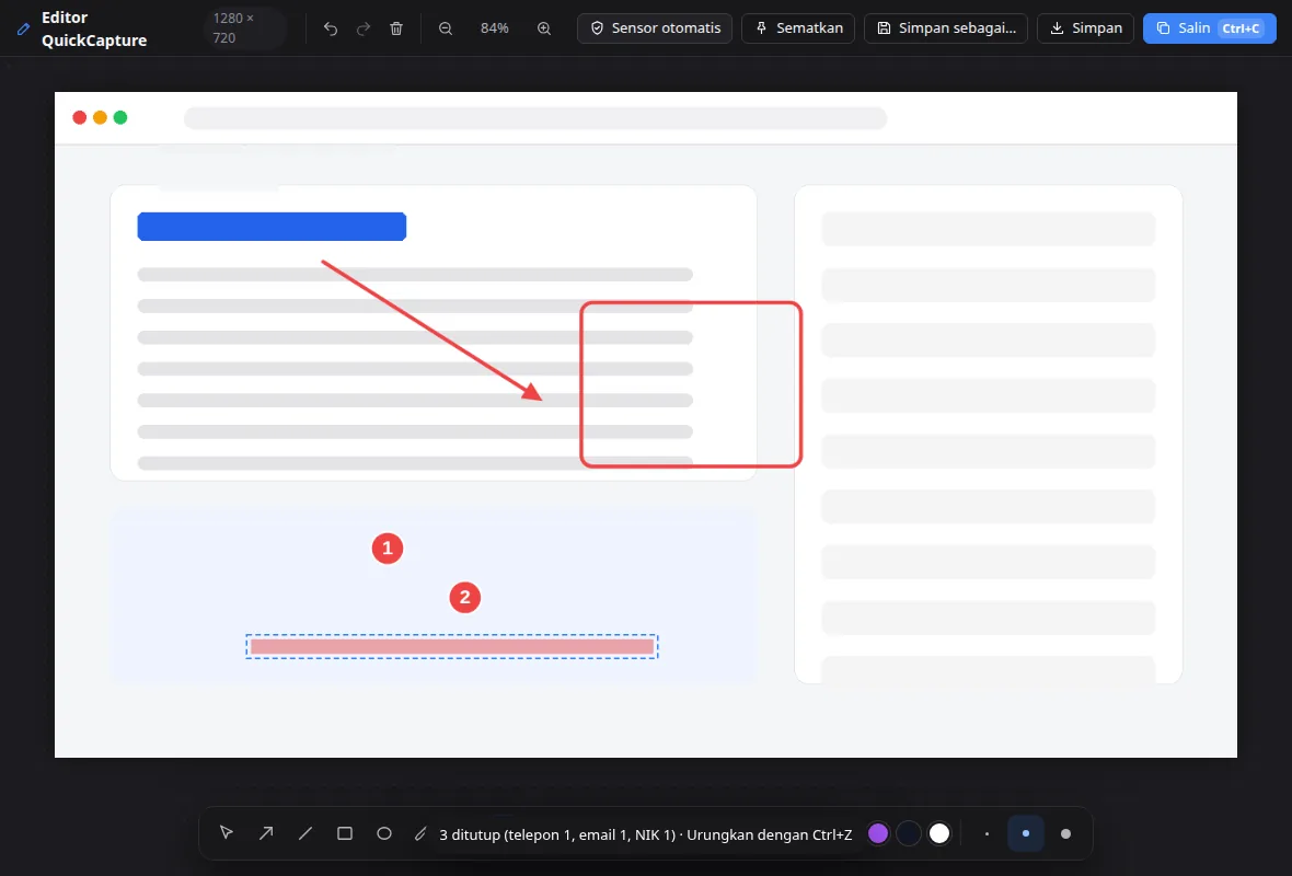 Editor dengan panah, langkah bernomor, mosaik di atas data pribadi, dan label teks