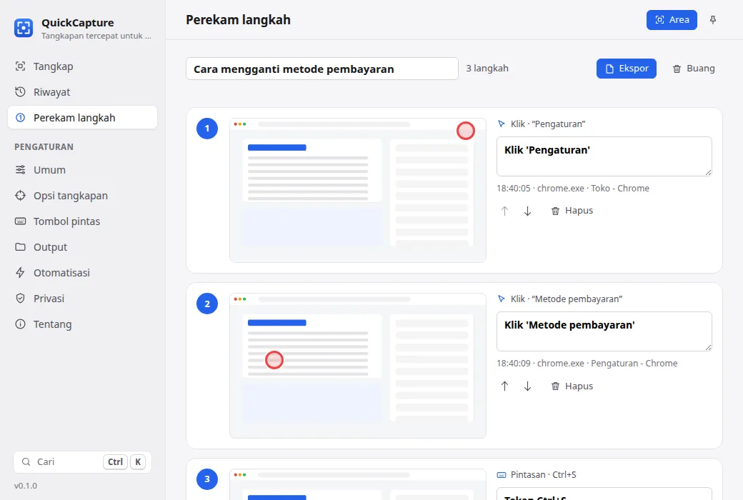 Perekam langkah dengan screenshot bernomor dan deskripsi otomatis