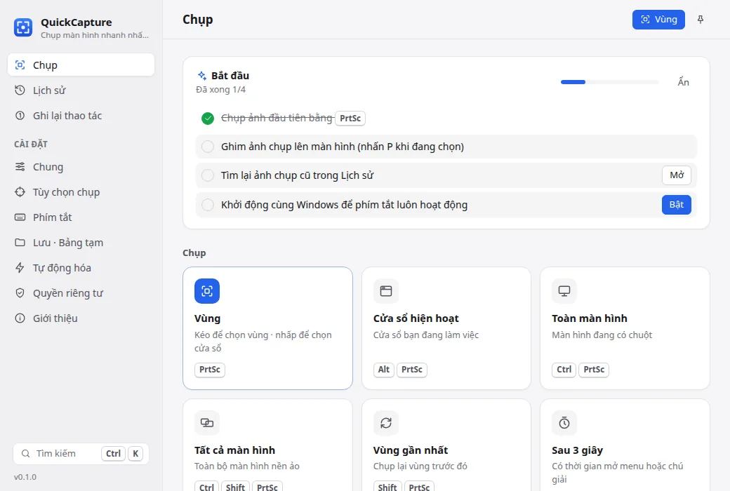 Màn hình chính QuickCapture với các chế độ chụp và ảnh chụp gần đây